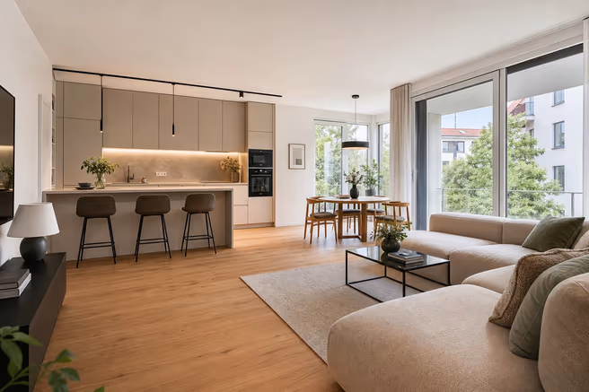 Světlý moderní obývací pokoj s kuchyní v bytě č. 01